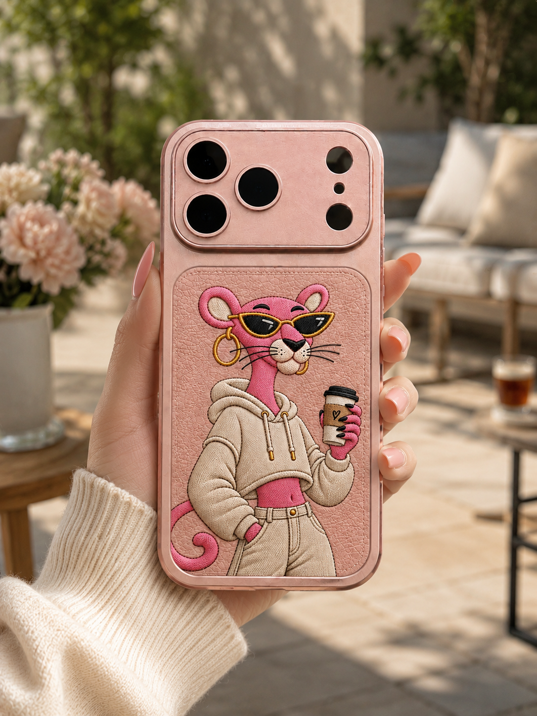 MIIM pink leather phone case with embroidered pink panther character holding a coffee cup